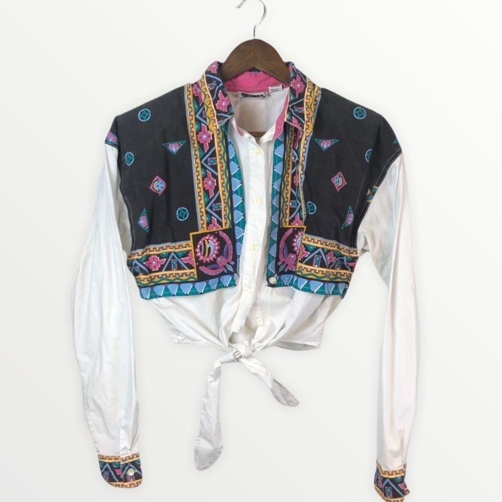 Vintage 1992 Chaparral Ridge Cropped Western Front Tie Long Sleeve Blouse